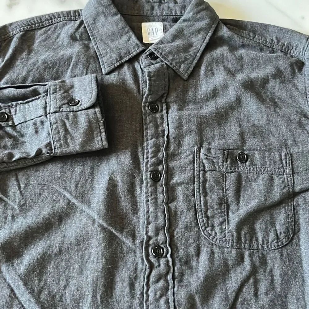 Gap Cotton Heathered Grey Flannel Button Front Shirt Mens M